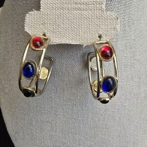 Elegant Gold Earrings with Red, Blue And Green Accents